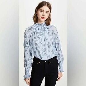 Rebecca Taylor Silk Cotton‎ Metallic Rose High Neck Blouse Blue size 2